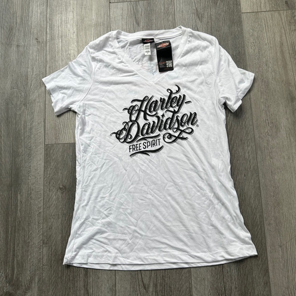 Harley-Davidson Free Spirit V-Neck T-Shirt White Women's Small NWT